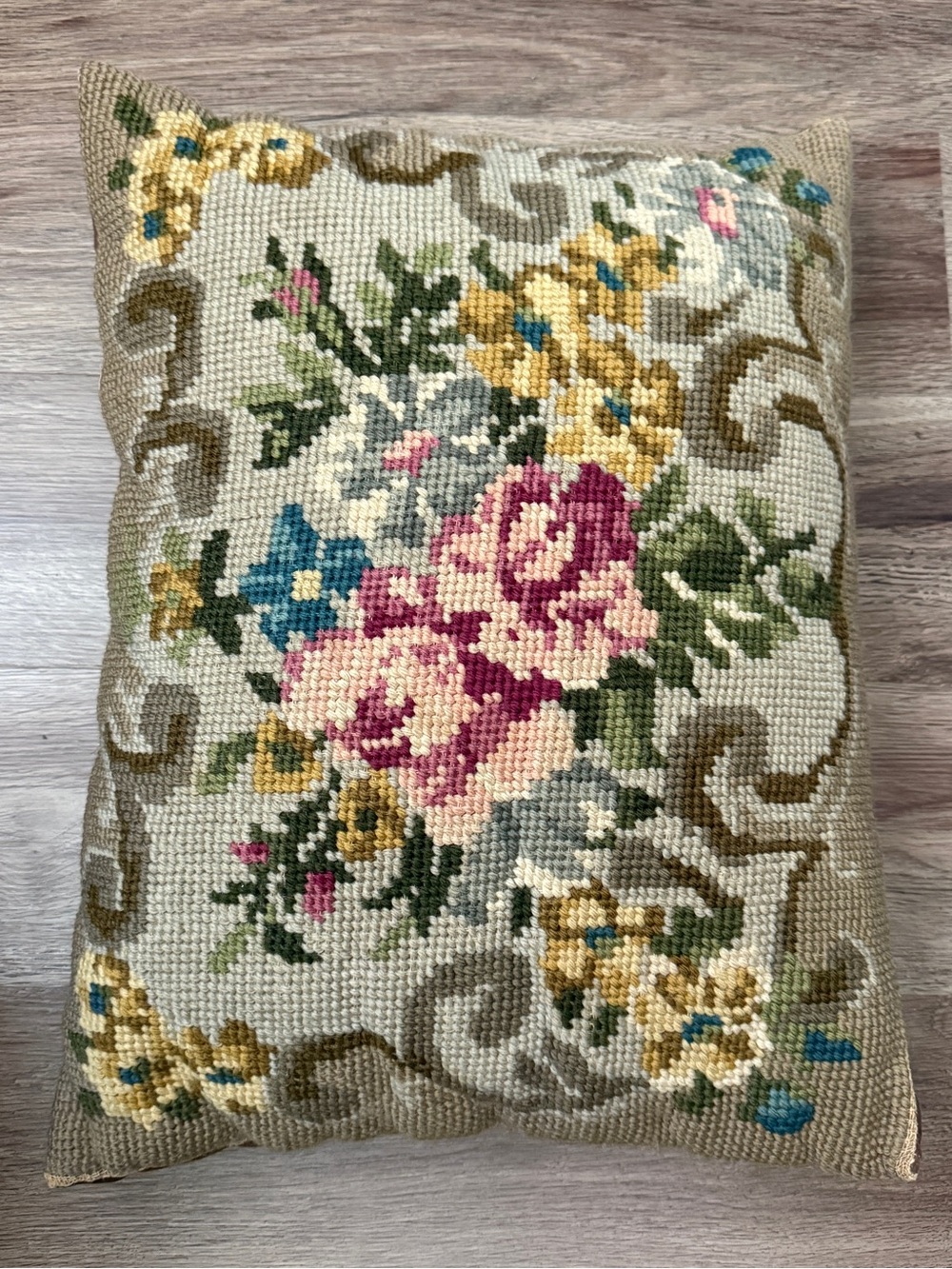Vintage Floral Needlepoint Lumbar Throw Pillow 16x12 Roses Bouquet Cottagecore